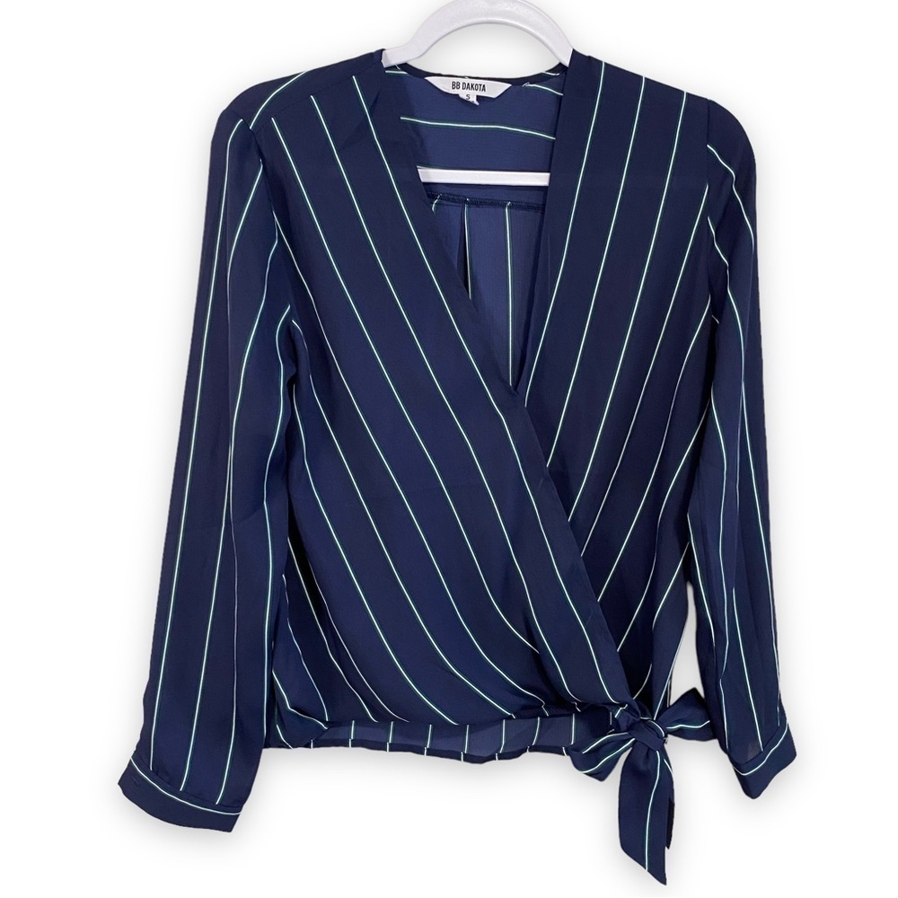 BB Dakota - Navy Stripe Faux Wrap Blouse - Size Small